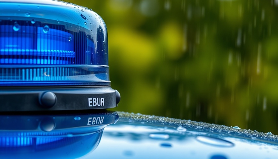Blue emergency beacon reflecting rain, home healthcare penalties concept.