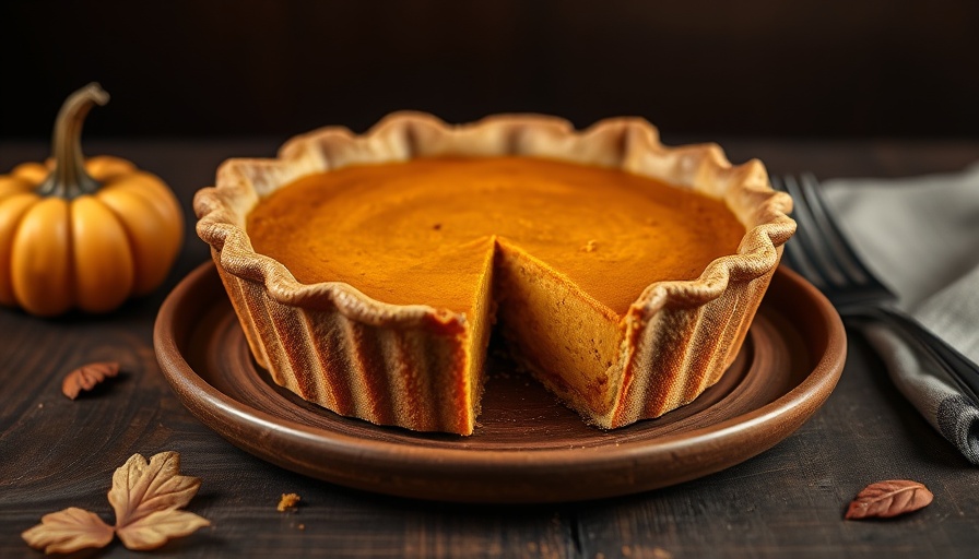 Golden pumpkin pie recipe with sage leaves on rustic table.
