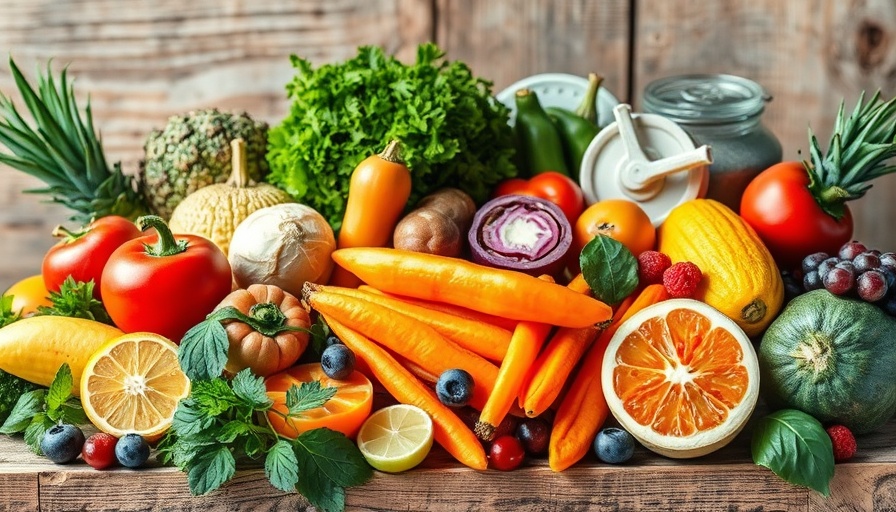 Colorful display of nutrient-dense foods on a rustic table.