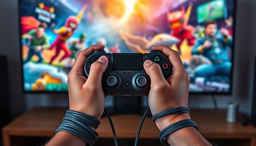 Hands tied with controller in front of gaming screen, gaming addiction awareness.