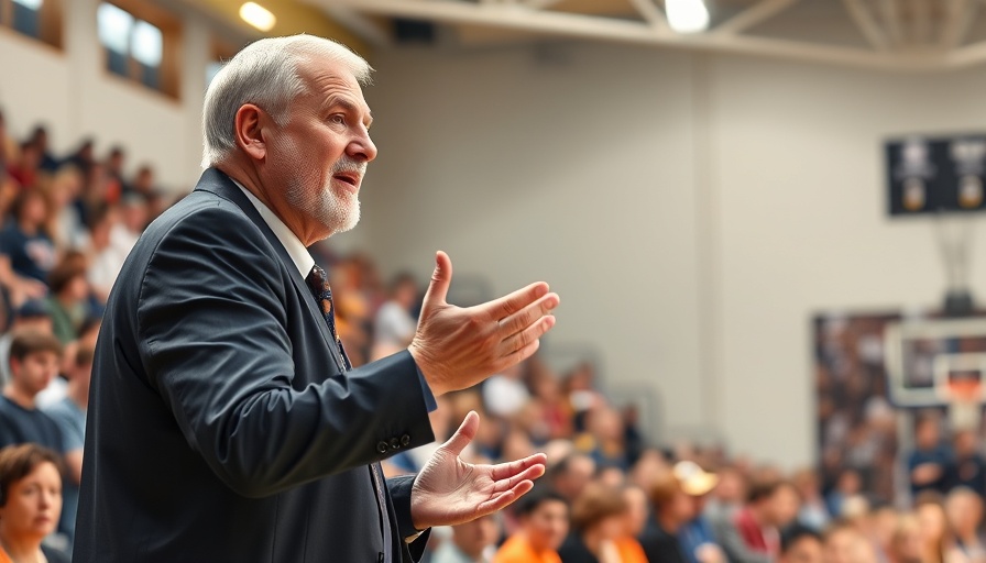 Coach instructing passionately at Warriors game, lively audience.