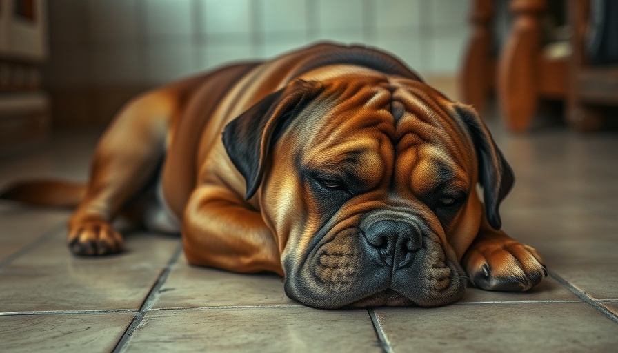Overweight dog on tiled floor showcasing rise in pet obesity.