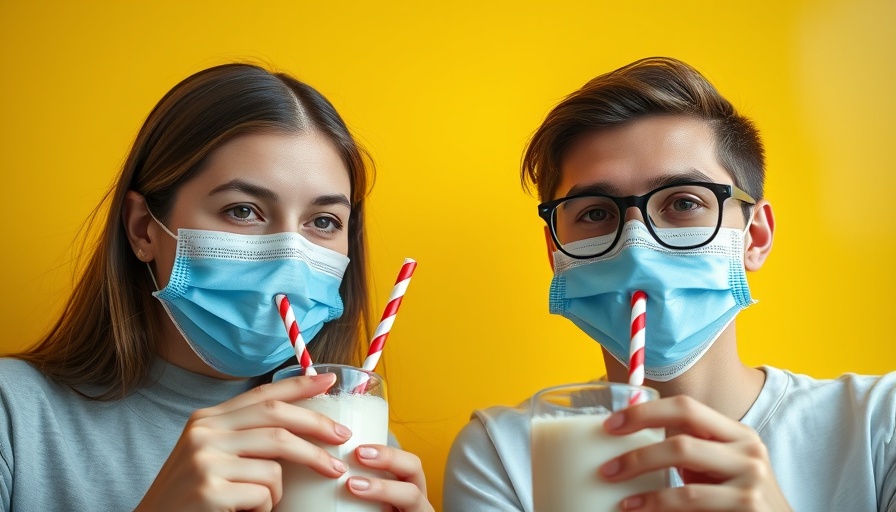 Dopamine rush from milkshakes enjoyed by masked duo with yellow backdrop.