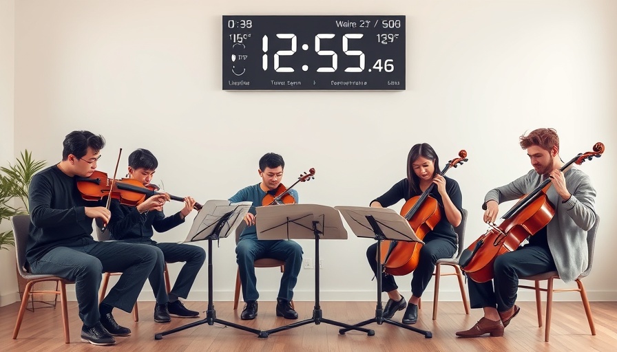 Musicians perform with temperature data overlay, sustainability in the entertainment industry.