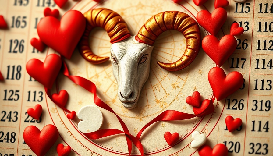 Aries horoscope symbol with hearts and calendar, vibrant design.