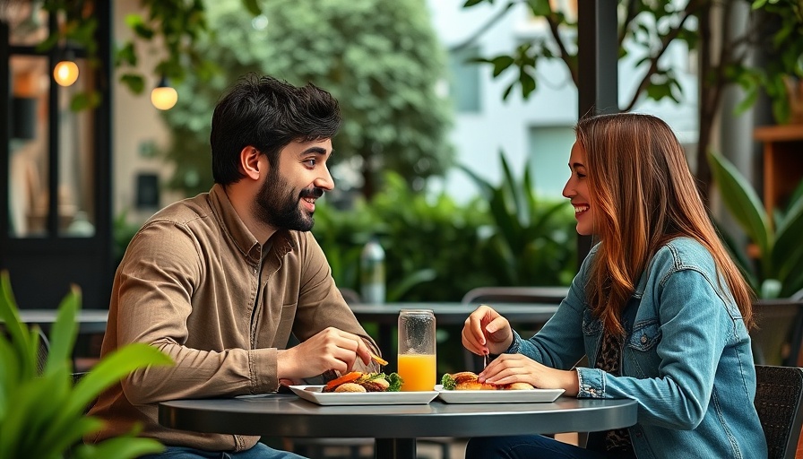 Casual Gen Z couple having lunch at an outdoor cafe.