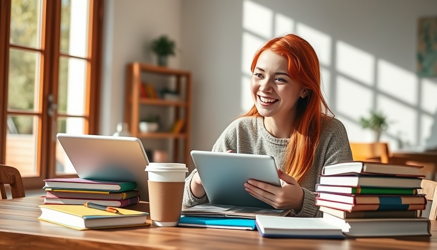Person video calling language tutor with notebooks and coffee.