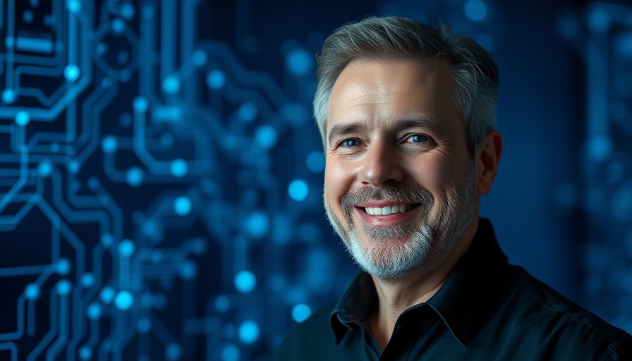 Generative AI and Future of Work concept with a smiling man and digital network background.