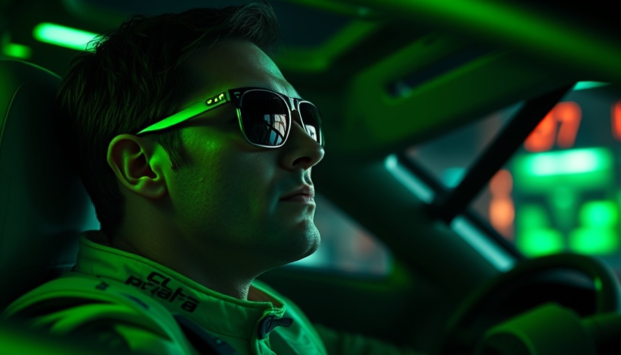 Thoughtful race car driver in green light, wearing sunglasses, racing suit.