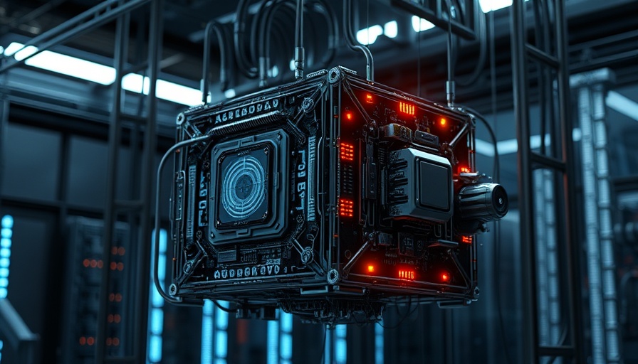 Futuristic quantum computer in a dimly lit setting, highlighting its intricate design.