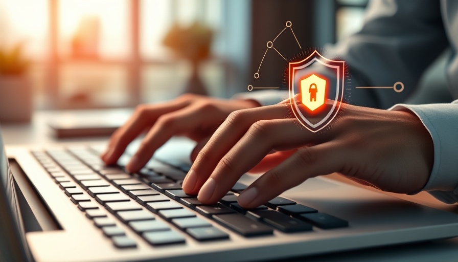 Digital AI shield overlay on hands typing, AI arms race in cybersecurity theme.