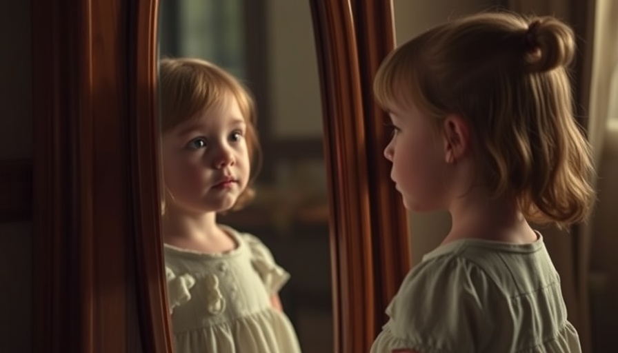 Young girl reflecting in a mirror, contemplating self-deception.