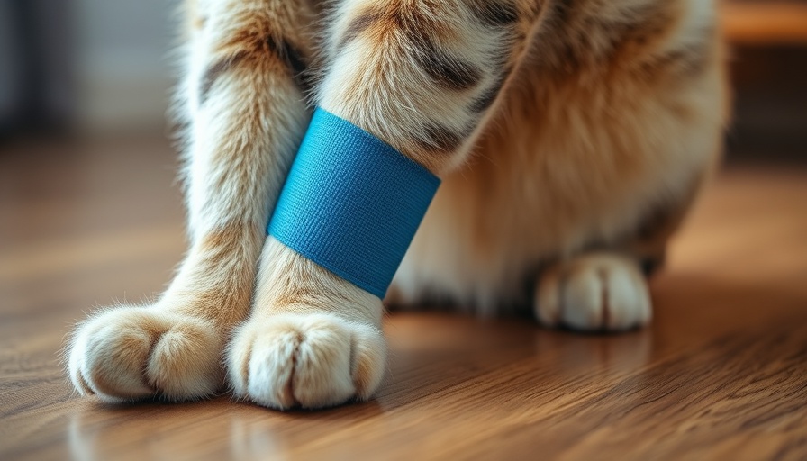 Cat's injured paw with blue bandage on wooden surface.