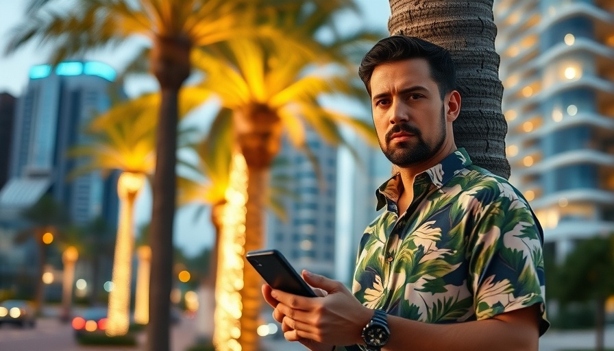 GTA 6 anticipation: man with phone in tropical city setting.