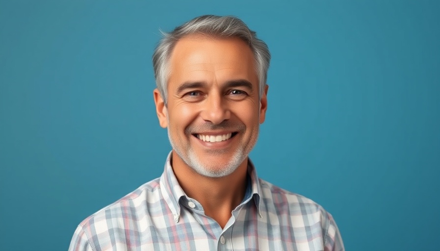 Middle-aged man smiling in studio portrait with blue backdrop.