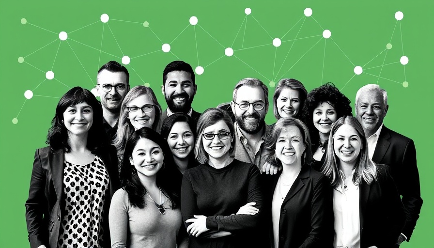 Diverse group portrait discussing AI productivity hacks, green background.
