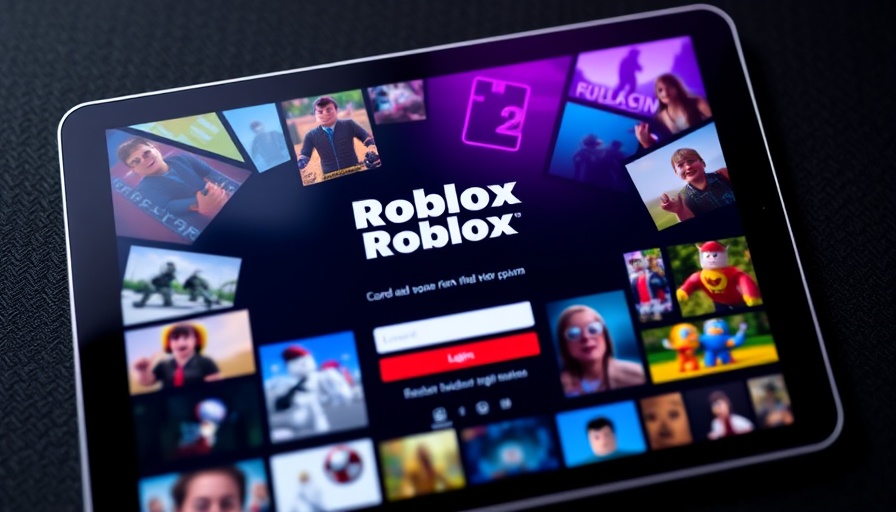 Tablet with Roblox login screen and game thumbnails.
