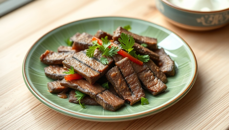AH Terra Plant-based Beef Strips on a green and white plate on a wooden table.