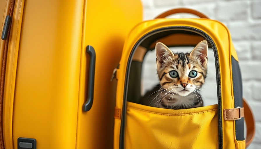 Traveling with Pets and Service Animals: Cat in a yellow backpack and suitcase.