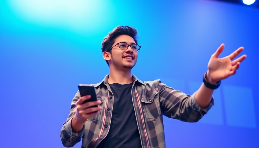 Young tech enthusiast presenting against a blue grid background.