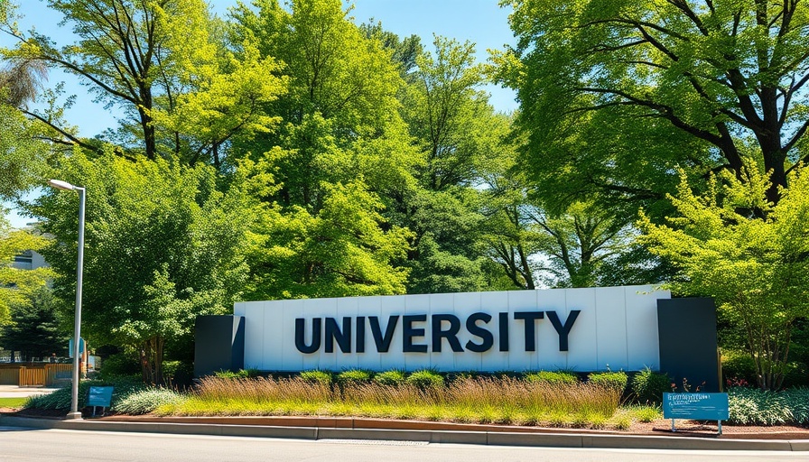 Modern university entrance sign amidst greenery, clear day.