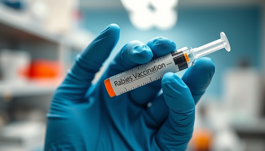 Blue-gloved hand with rabies vaccination syringe in focus