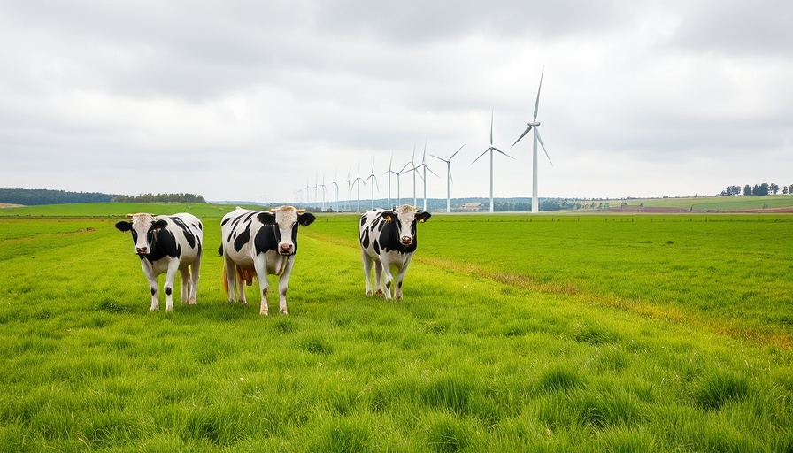 Holstein cows in a field with wind turbines, illustrating the impact of stray voltage on dairy farming.
