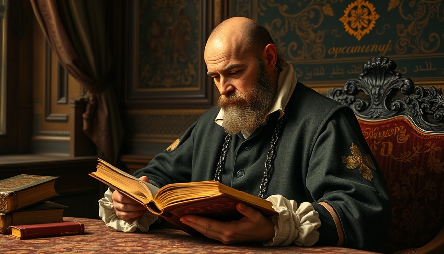 17th-century philosopher reading in classical painting with elegant details