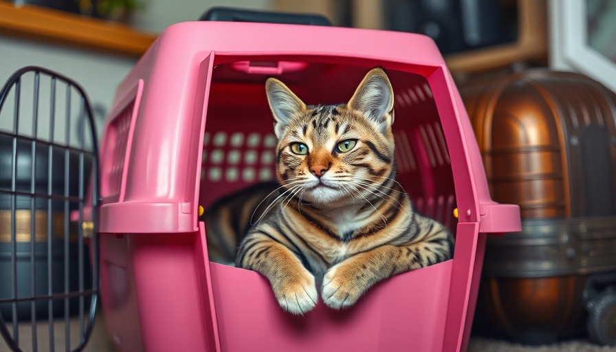 Cat in a pink carrier beside luggage, fly with two pets in the cabin.