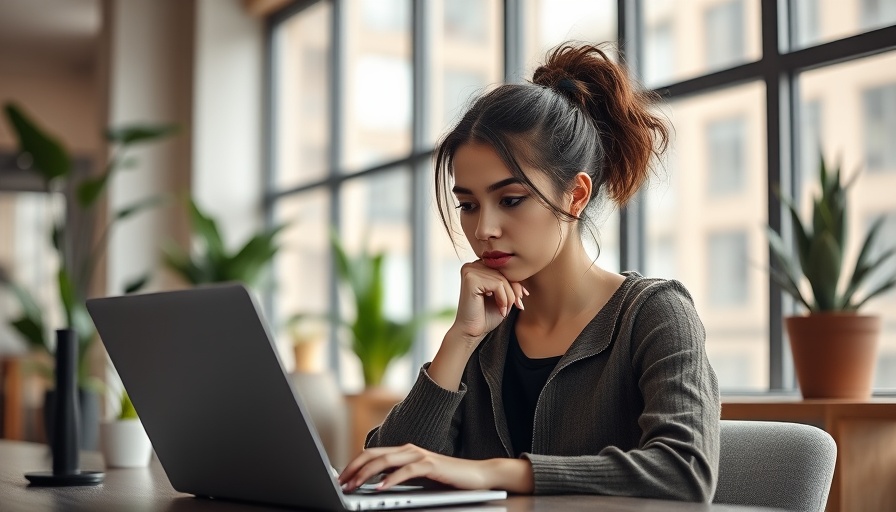 Woman managing work stress in a calm office environment.