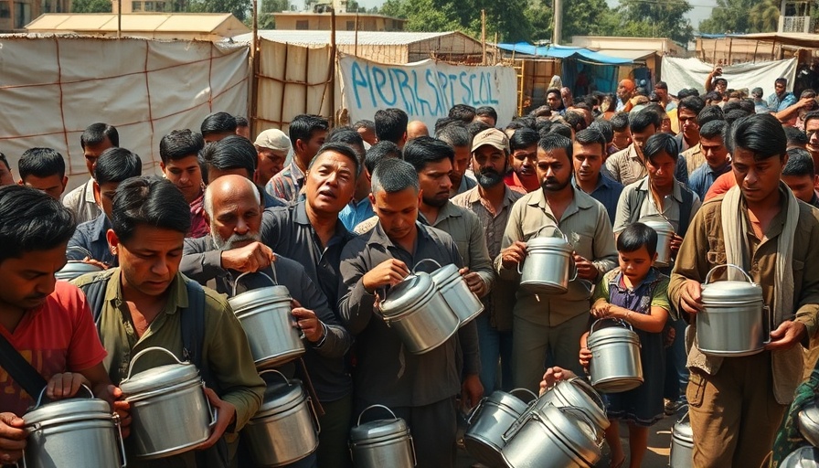 Gaza health crisis: Large crowd waiting with metal pots, urgent scene in makeshift setting.