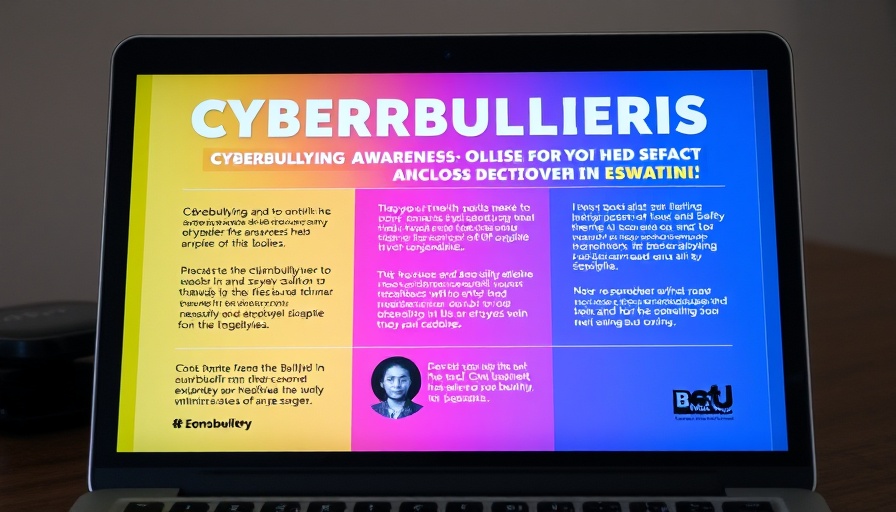 Cyberbullying awareness in Eswatini poster on a laptop keyboard.