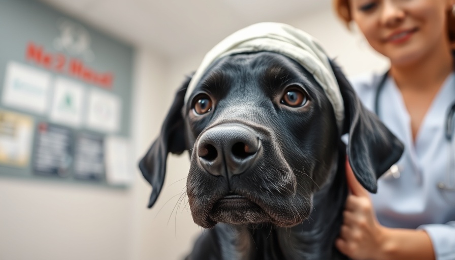 Black dog with bandaged head in a veterinary setting for pet health emergencies.