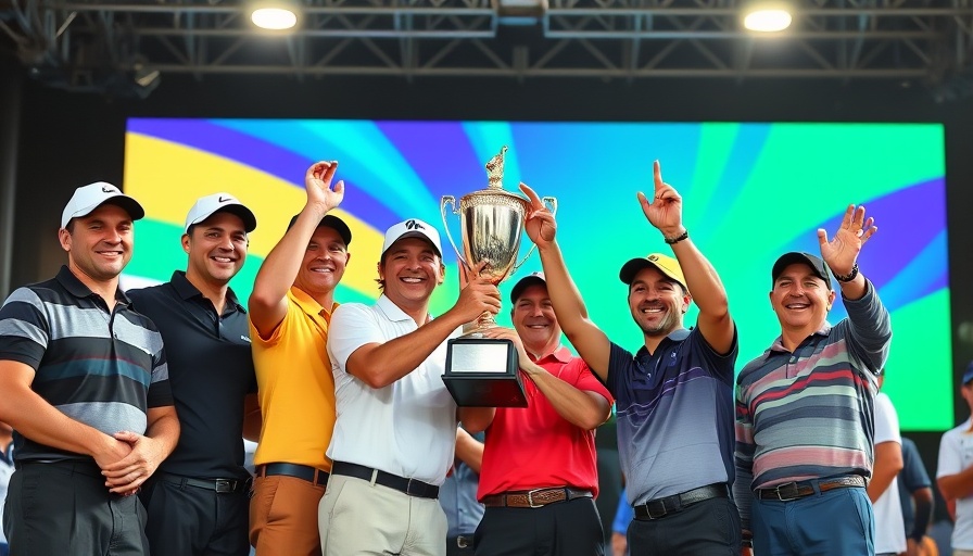 Group of golfers celebrating with trophy at LIV Golf event, bright display.