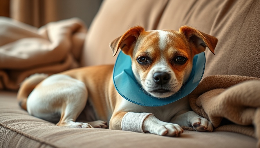 Pet with bandage and cone recovering, highlighting vet bill costs.