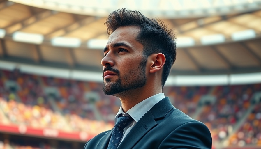 Professional man in stadium, thoughtful expression, sunny day.
