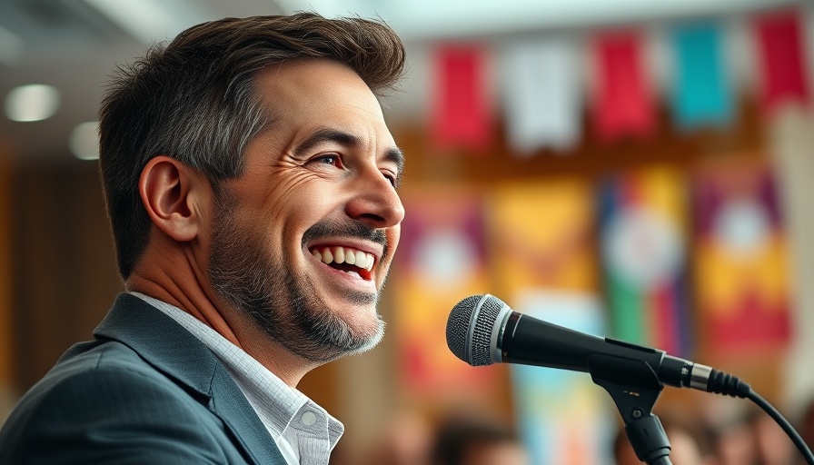 Public speaker smiling at an event with banners in background.