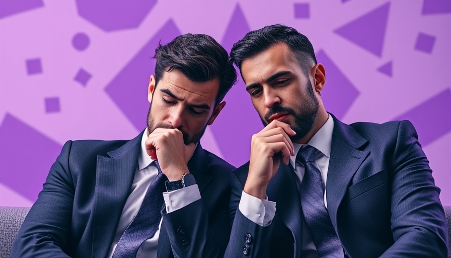 Two men discussing mental health at work, digital art, purple background.