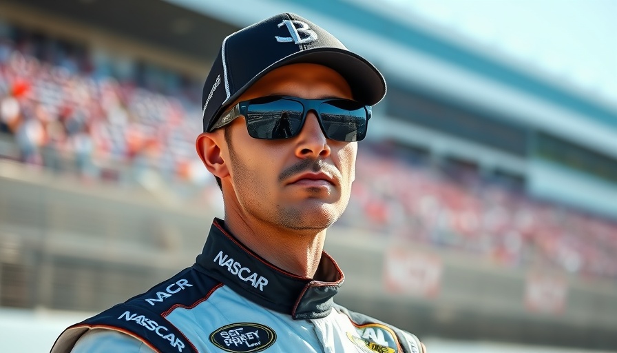 NASCAR driver in focus, blurred racetrack background.