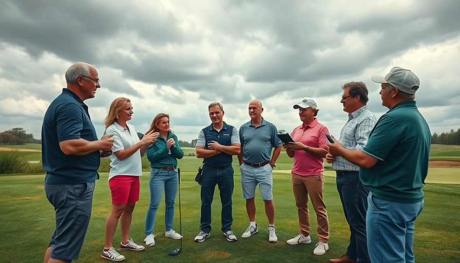 Group at a golf tournament charity event being interviewed outdoors.
