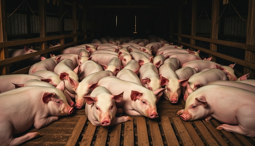 Pigs in a barn with slatted flooring, dim lighting.