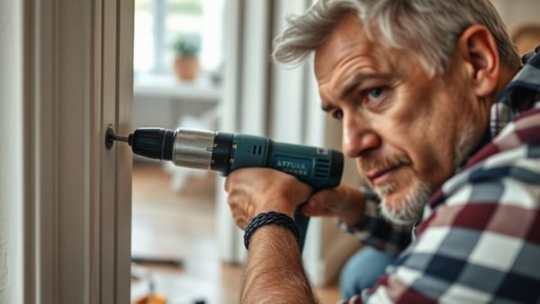 Rochester Home Owners repairing door frame with a drill.
