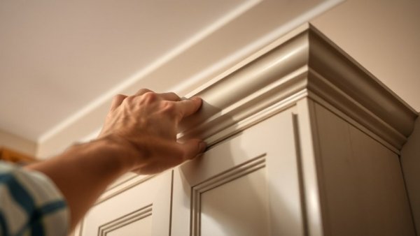 Hand adjusting crown moulding on cabinet in warm light setting.