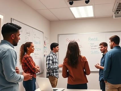 innovative startup team, collaborative, implementing ranking strategies, photorealistic, whiteboard-filled office space, highly detailed, animated interactions and discussions, mix of warm and cool colors, overhead ceiling lighting, shot with a 70mm lens.