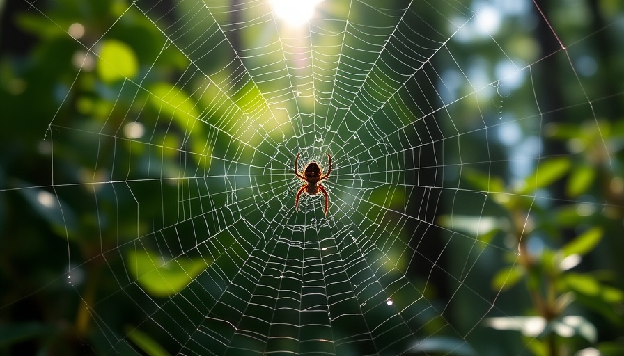 Close-up view of circular spider web in forest, showcasing types of spider webs.