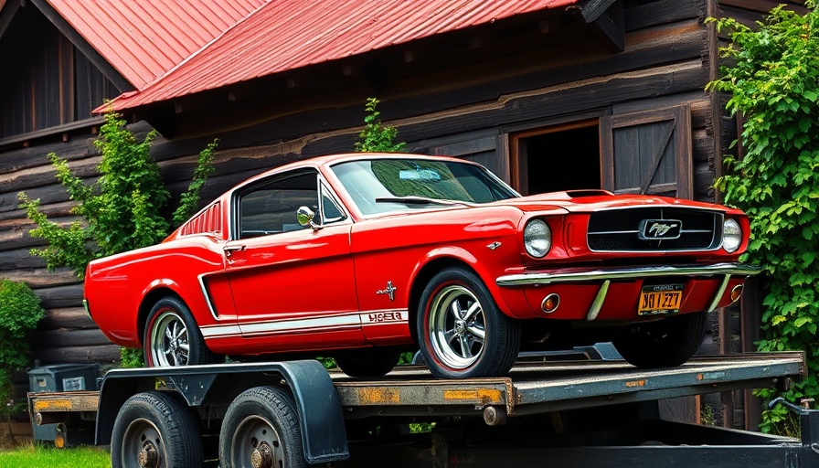 Classic red mustang car on a trailer indicating potential issues for used car buyers