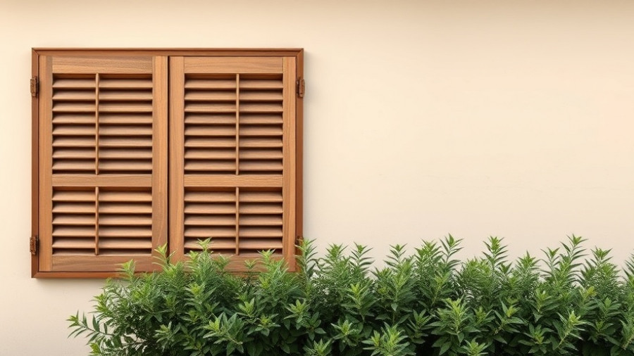 Minimalist beige facade with wooden shutters and greenery, low-cost climate resilience.