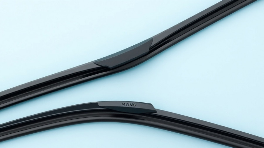 Close-up of two winterized wiper blades on a light blue background.