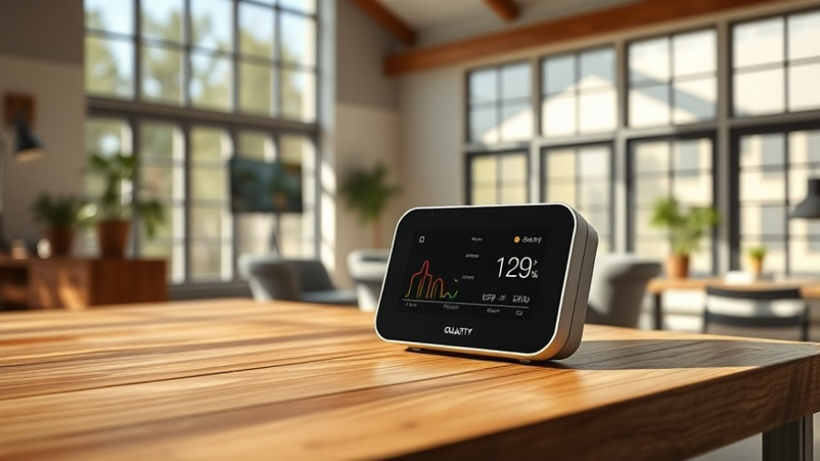 Sleek indoor air quality monitor on table with Seattle view.