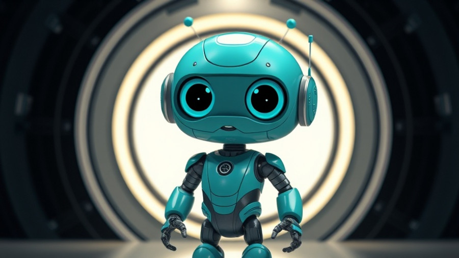 Cartoon teal robot with abstract background highlighting HomePod mini 2 features and launch.